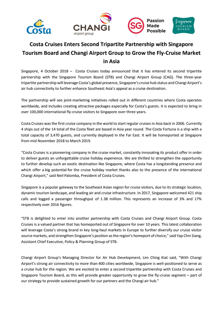 Costa Cruises Enters Second Tripartite Partnership with Singapore Tourism Board and Changi Airport Group to Grow the Fly-Cruise Market in Asia