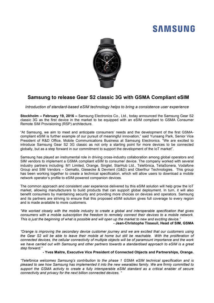 Samsung to release Gear S2 classic 3G with GSMA Compliant eSIM