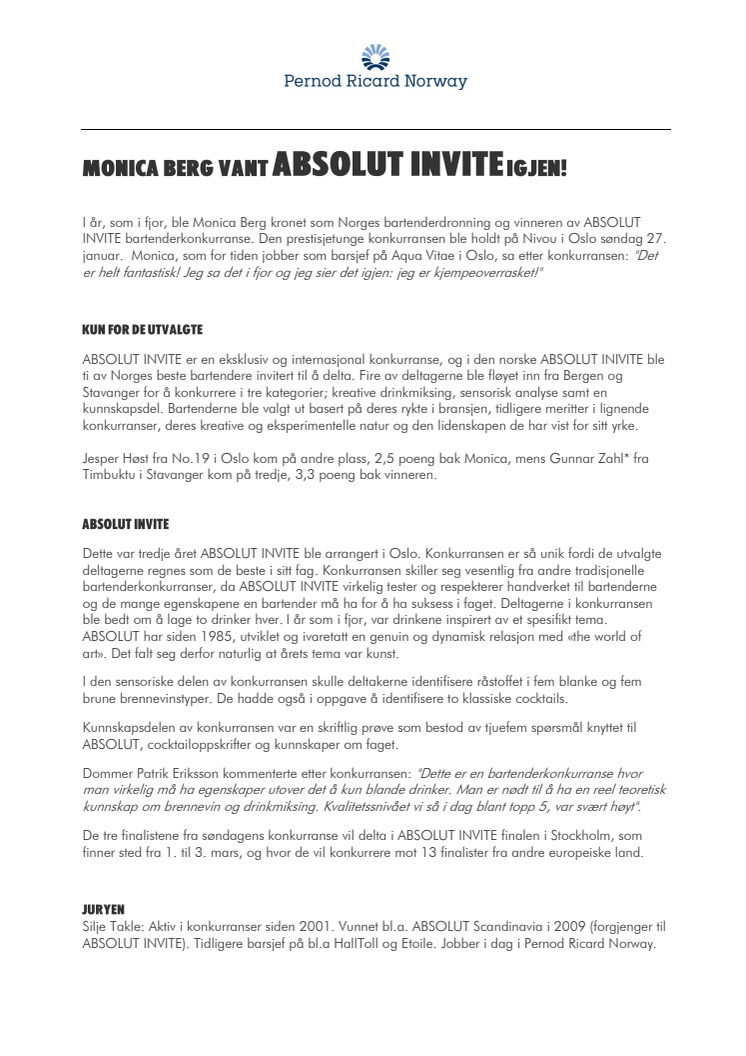 ABSOLUT INVITE Finaleresultater