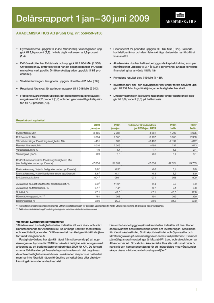 Delårsrapport 1 januari - 30 juni 2009