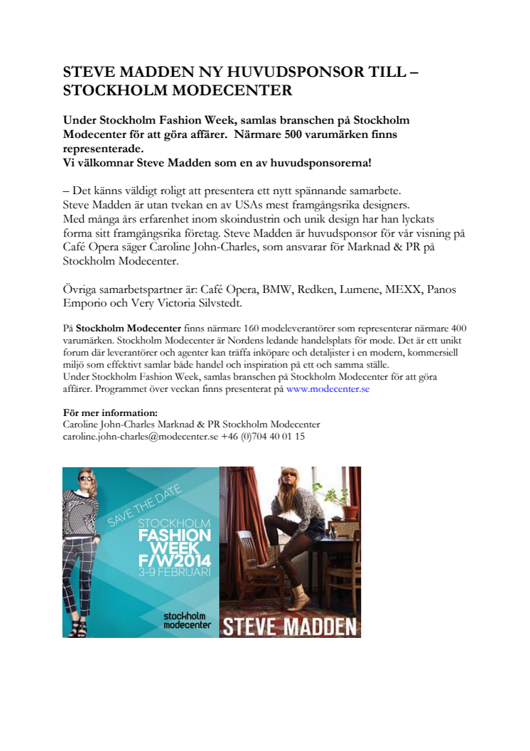 STEVE MADDEN NY HUVUDSPONSOR TILL STOCKHOLM MODECENTER