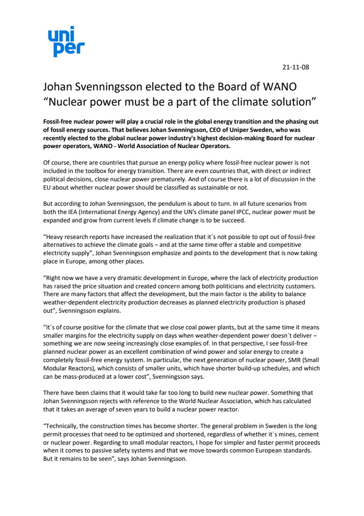 Johan Svenningsson elected to the Board of WANO - “Nuclear power must be a part of the climate solution”