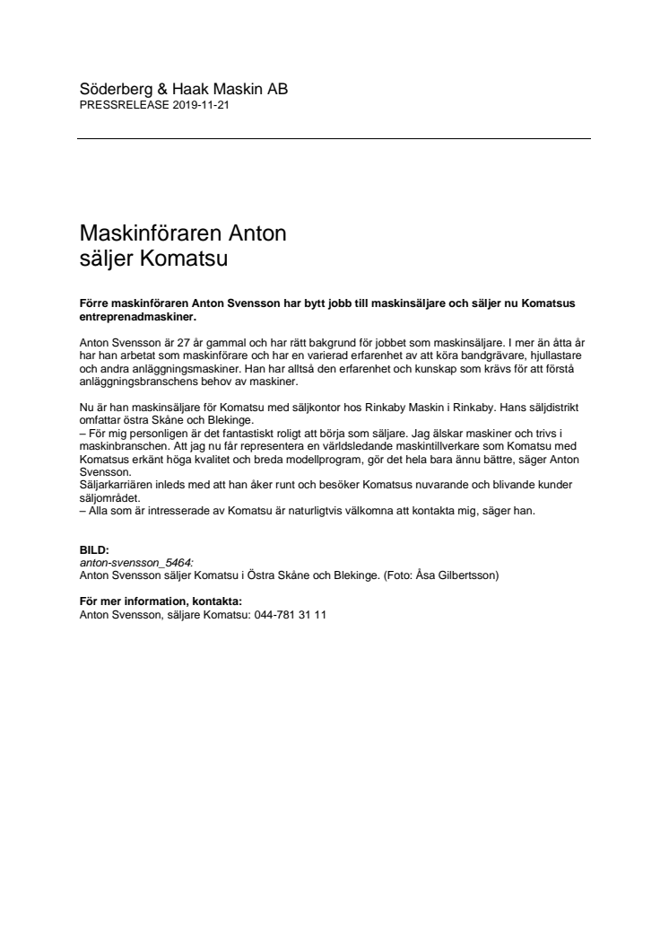 Anton Svensson ny säljare av Komatsu