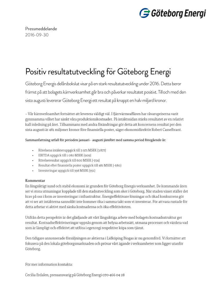 Positiv resultatutveckling för Göteborg Energi