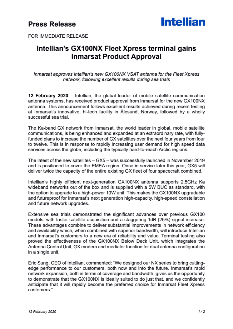 Intellian’s GX100NX Fleet Xpress terminal gains Inmarsat Product Approval