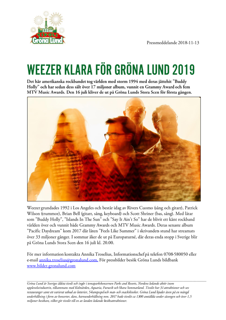 Weezer klara för Gröna Lund 2019