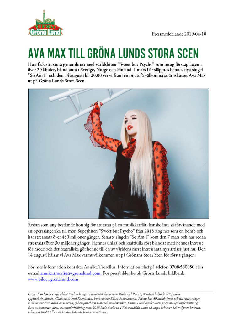 Ava Max till Gröna Lunds Stora Scen