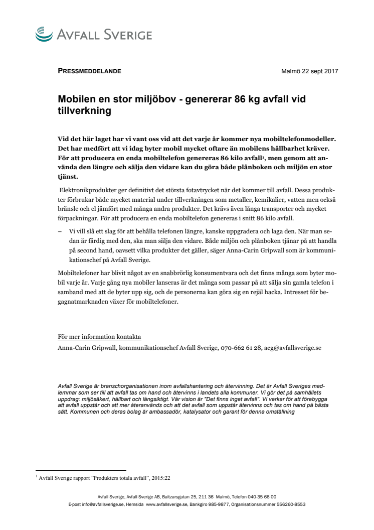 Mobilen en stor miljöbov - genererar 86 kg avfall vid  tillverkning