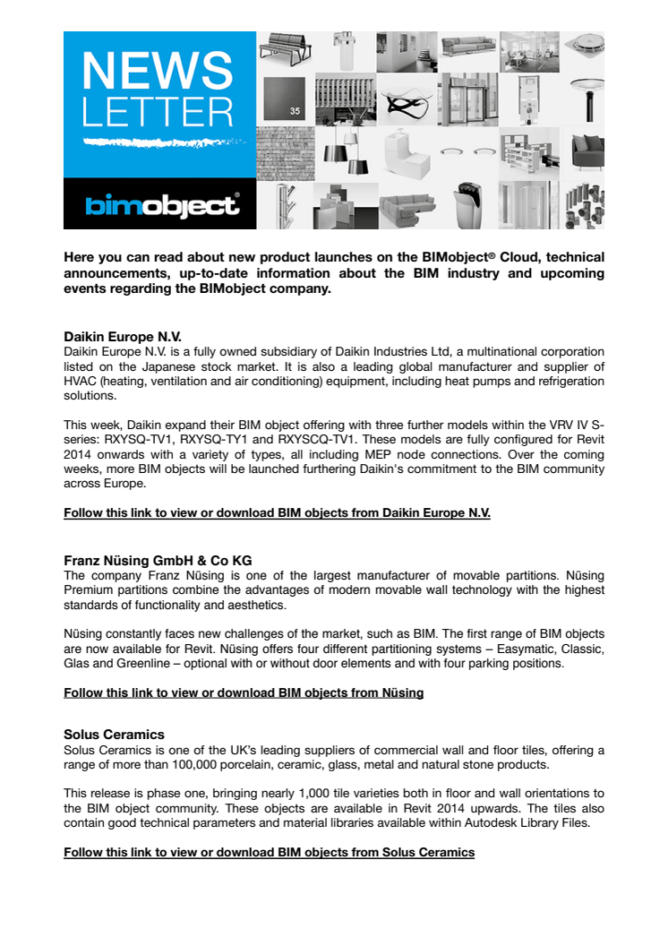New BIM objects from Daikin Europe, Nüsing and Solus Ceramics 