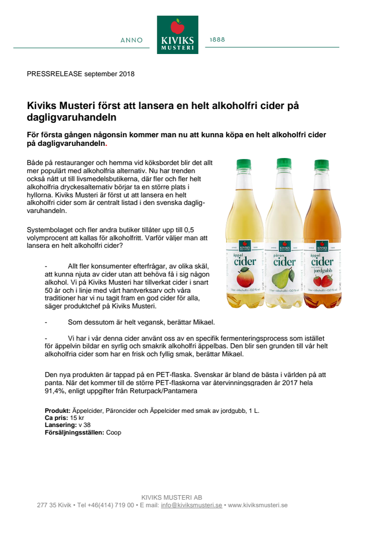 Kiviks Musteri först att lansera en helt alkoholfri cider på dagligvaruhandeln 