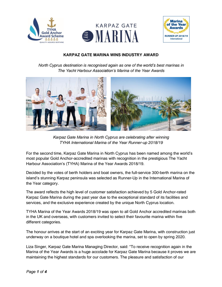 Karpaz Gate Marina Wins Industry Award