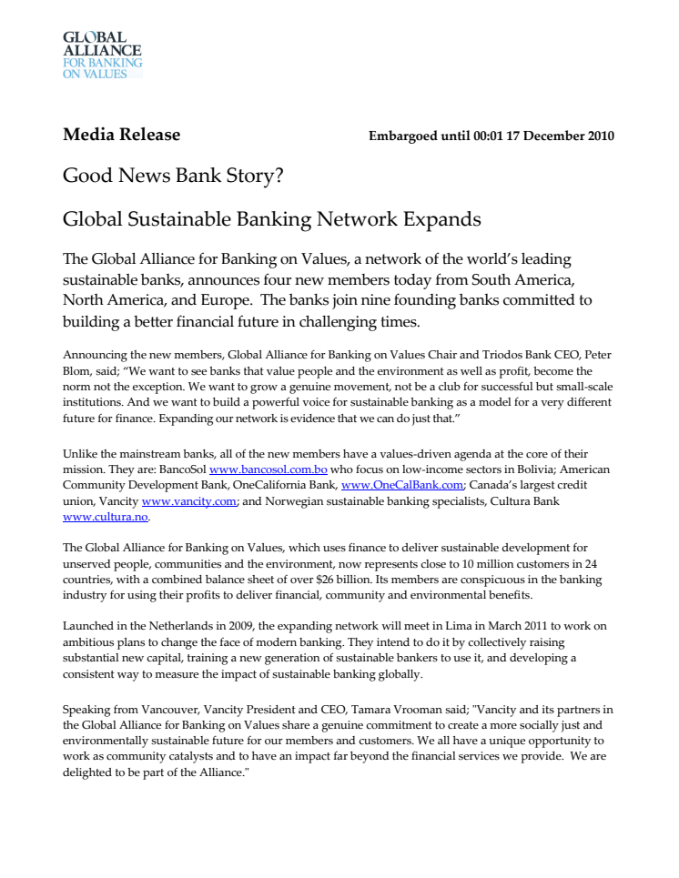Global Sustainable Banking Network Expands