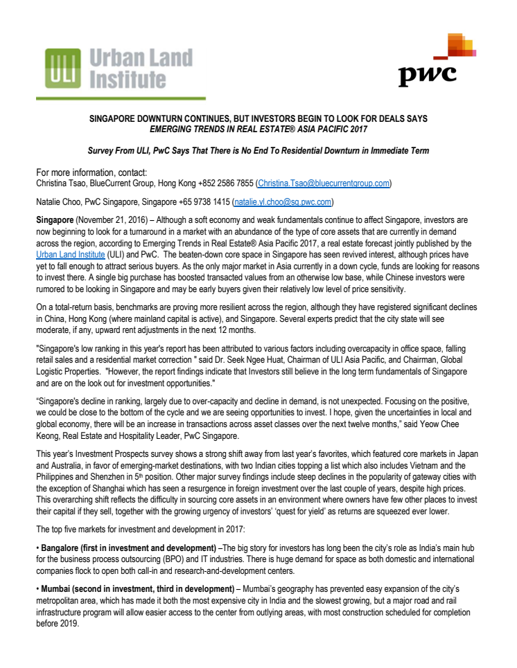Singapore downturn continues, but investors begin to look for deals says  Emerging Trends in Real Estate® Asia Pacific 2017