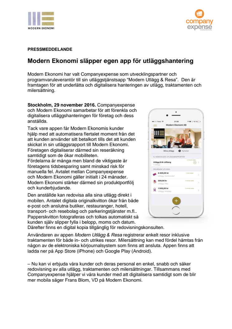 Modern Ekonomi släpper egen app för utläggshantering