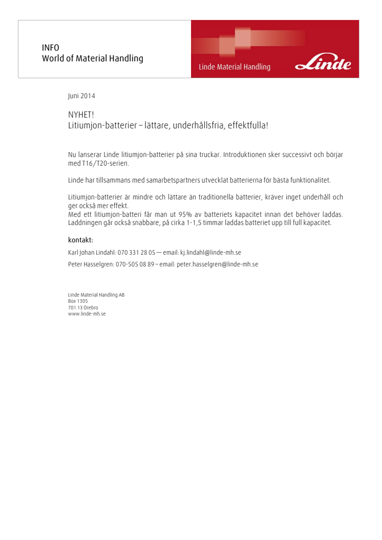 Nyhet från World of Material Handling - Litiumjon-batterier