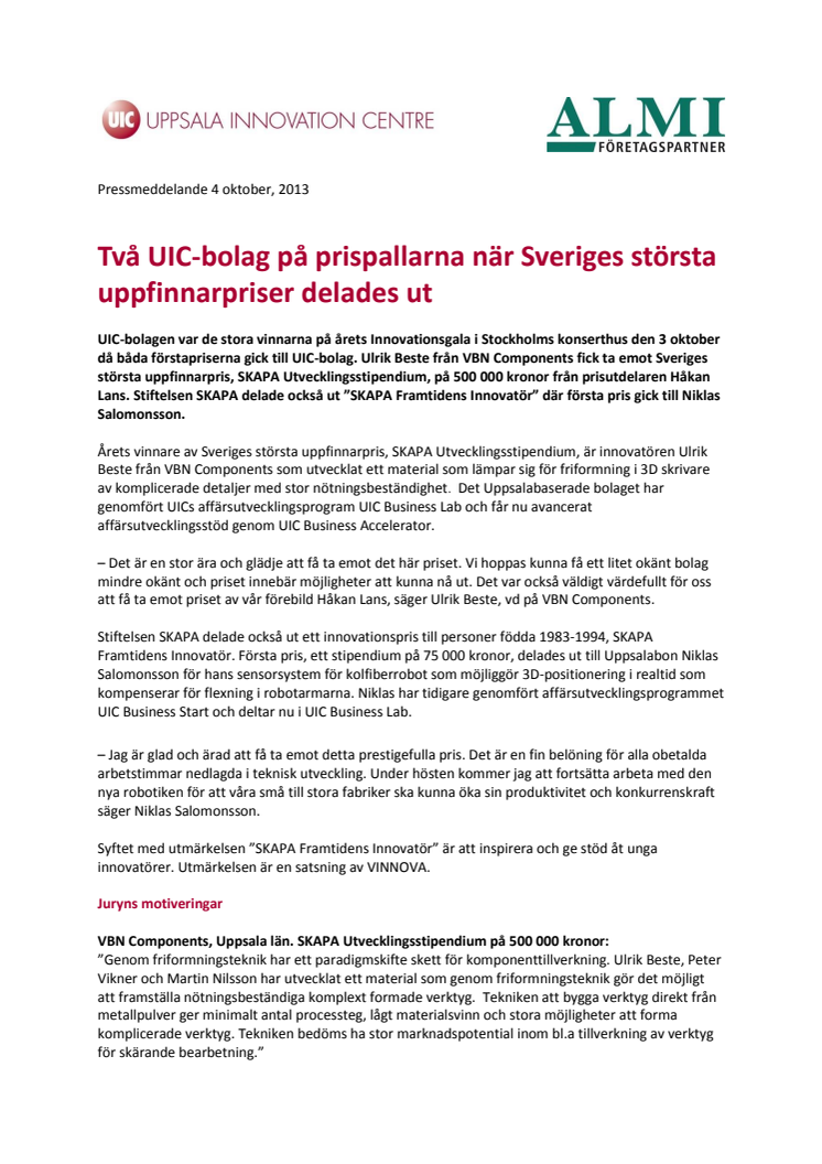 Två UIC-bolag på prispallarna när Sveriges största uppfinnarpriser delades ut