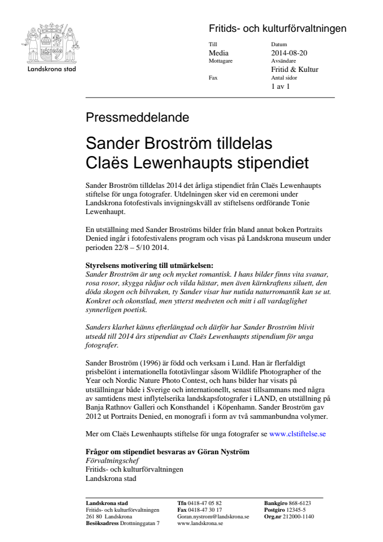 Sander Broström tilldelas Claës Lewenhaupts stipendiet 