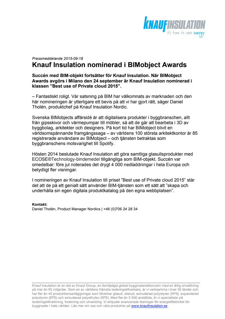 Knauf Insulation nominerad i BIMobject Awards