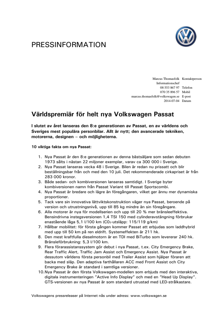 Världspremiär för helt nya Volkswagen Passat