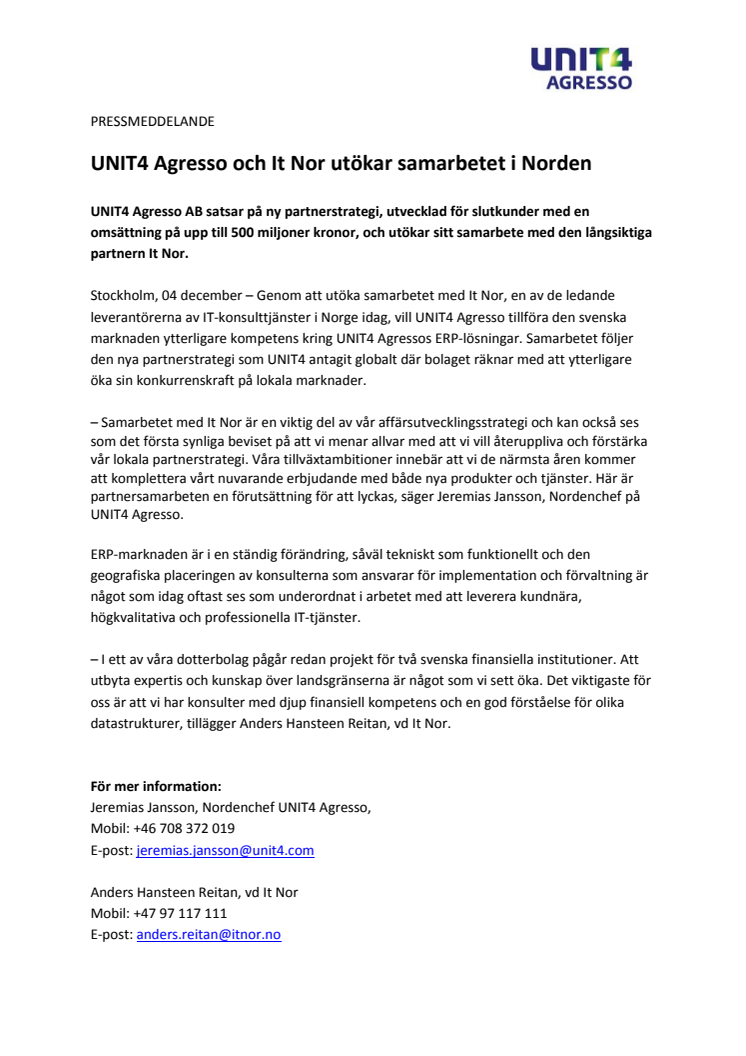 UNIT4 Agresso och It Nor utökar samarbetet i Norden