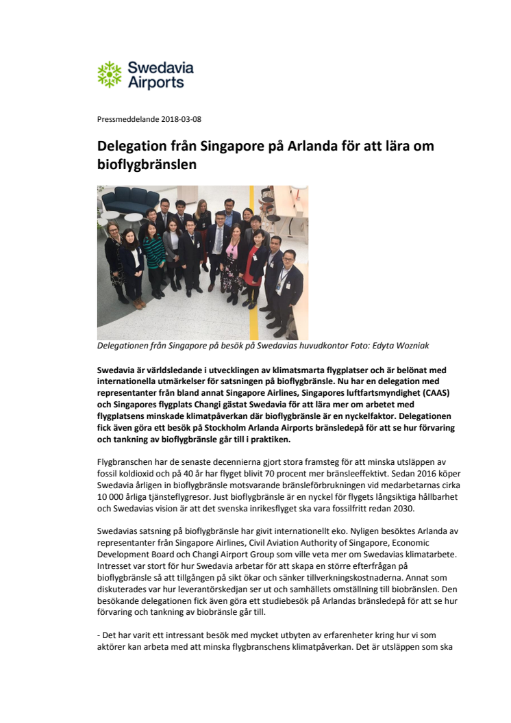 Delegation från Singapore på Arlanda för att lära om bioflygbränslen