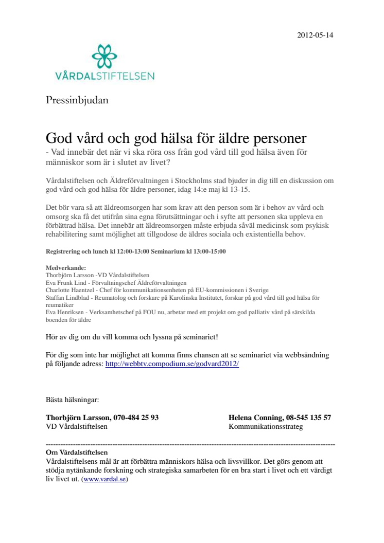 Pressinbjudan:  God vård och god hälsa för äldre personer 
