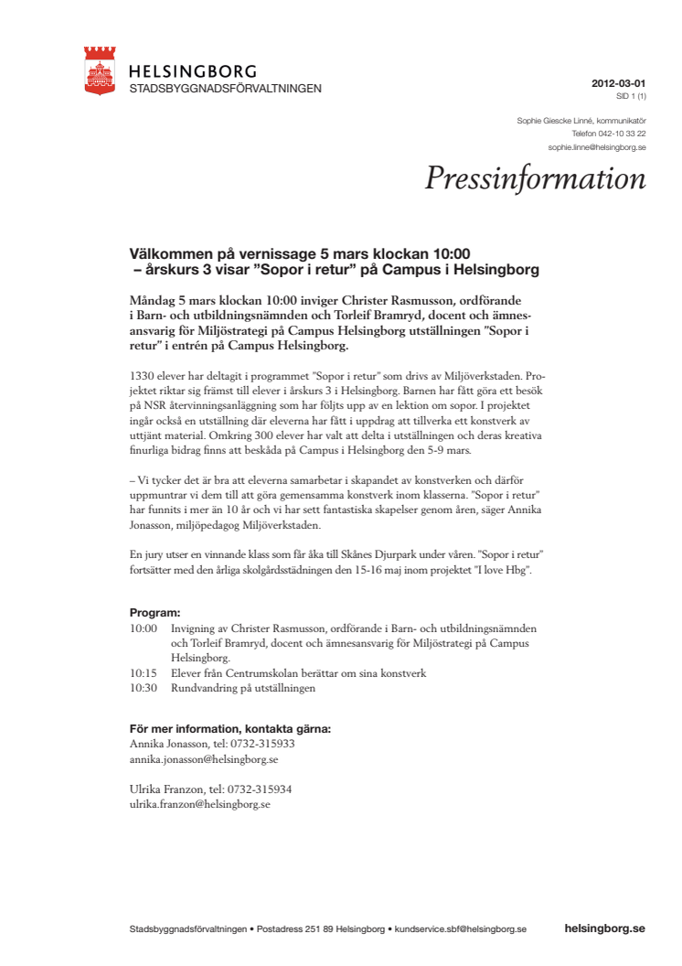 Välkommen på vernissage 5 mars klockan 10:00  – årskurs 3 visar ”Sopor i retur” på Campus i Helsingborg