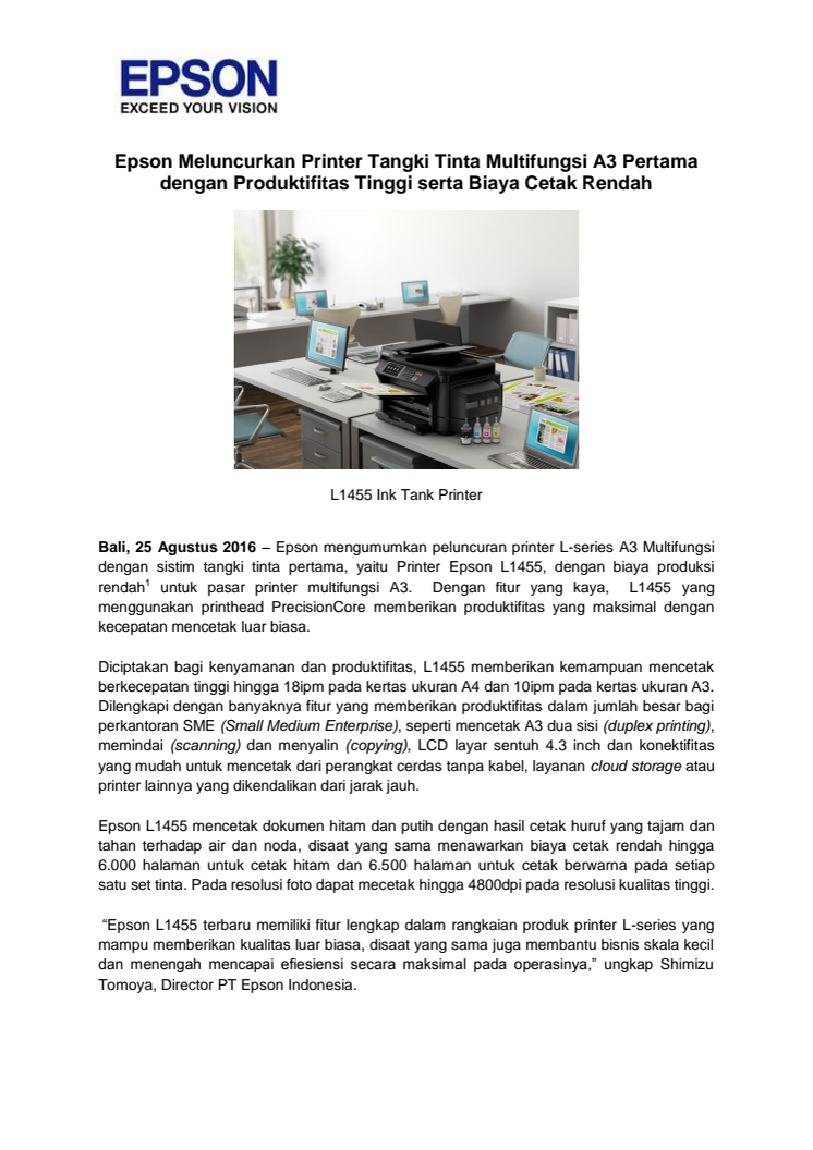 Epson Meluncurkan Printer Tangki Tinta Multifungsi A3 Pertama dengan Produktifitas Tinggi serta Biaya Cetak Rendah