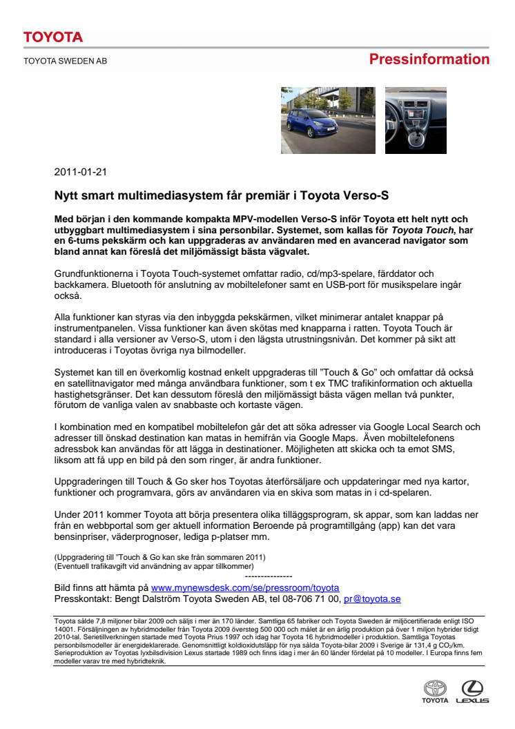 Nytt smart multimediasystem får premiär i Toyota Verso-S