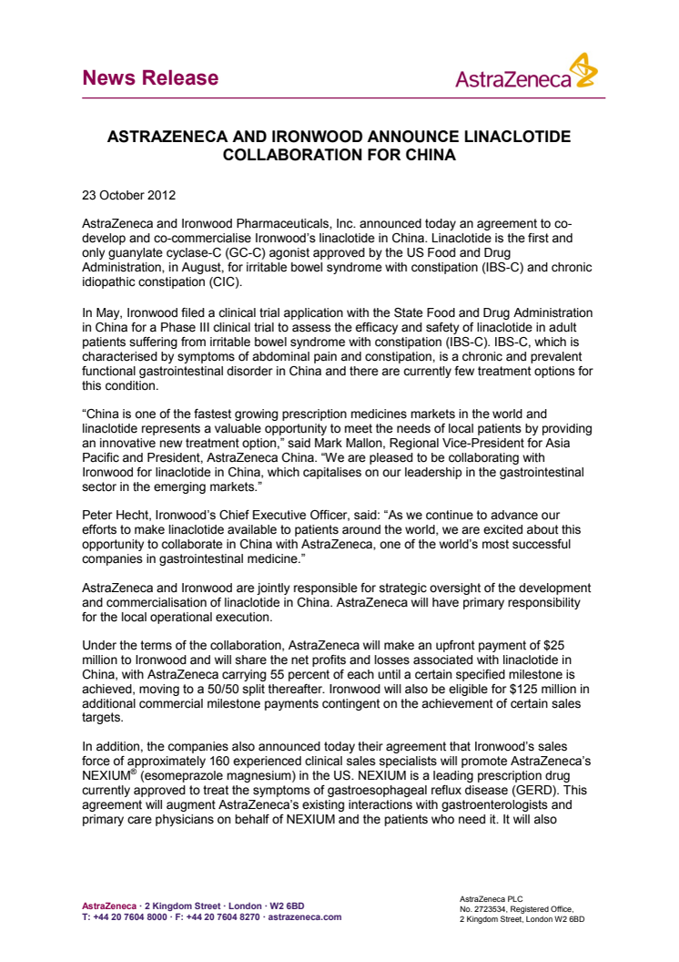 AstraZeneca och Ironwood inleder samarbete om linaklotid i Kina