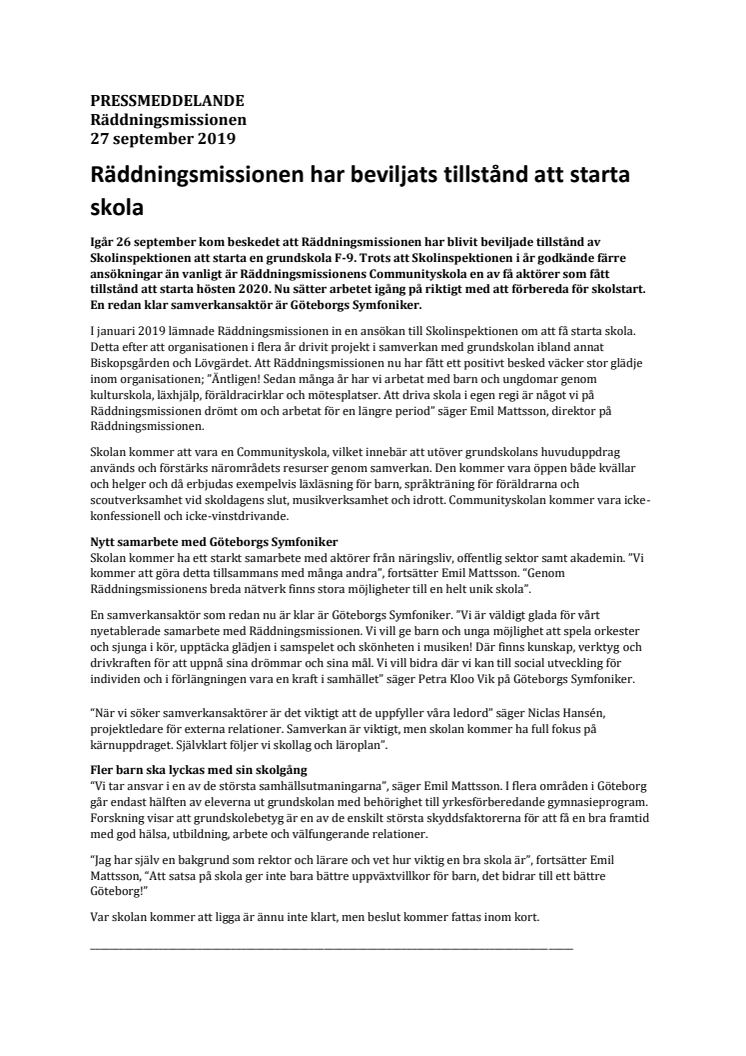 Räddningsmissionen beviljas tillstånd att starta skola 