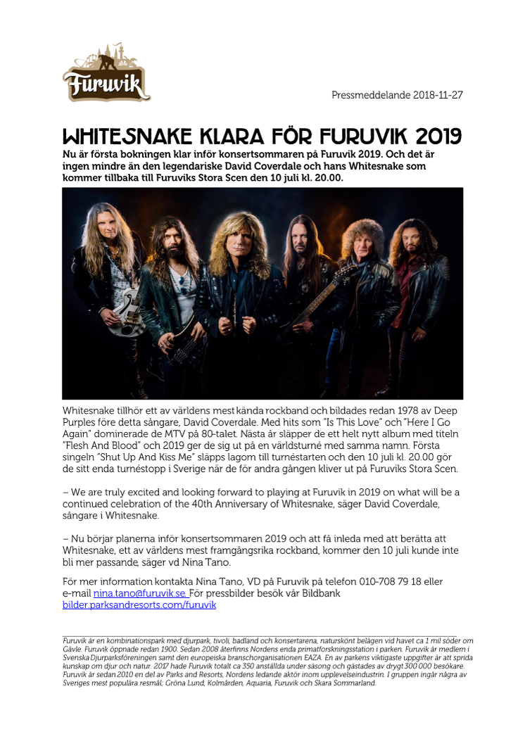 Whitesnake klara för Furuvik 2019