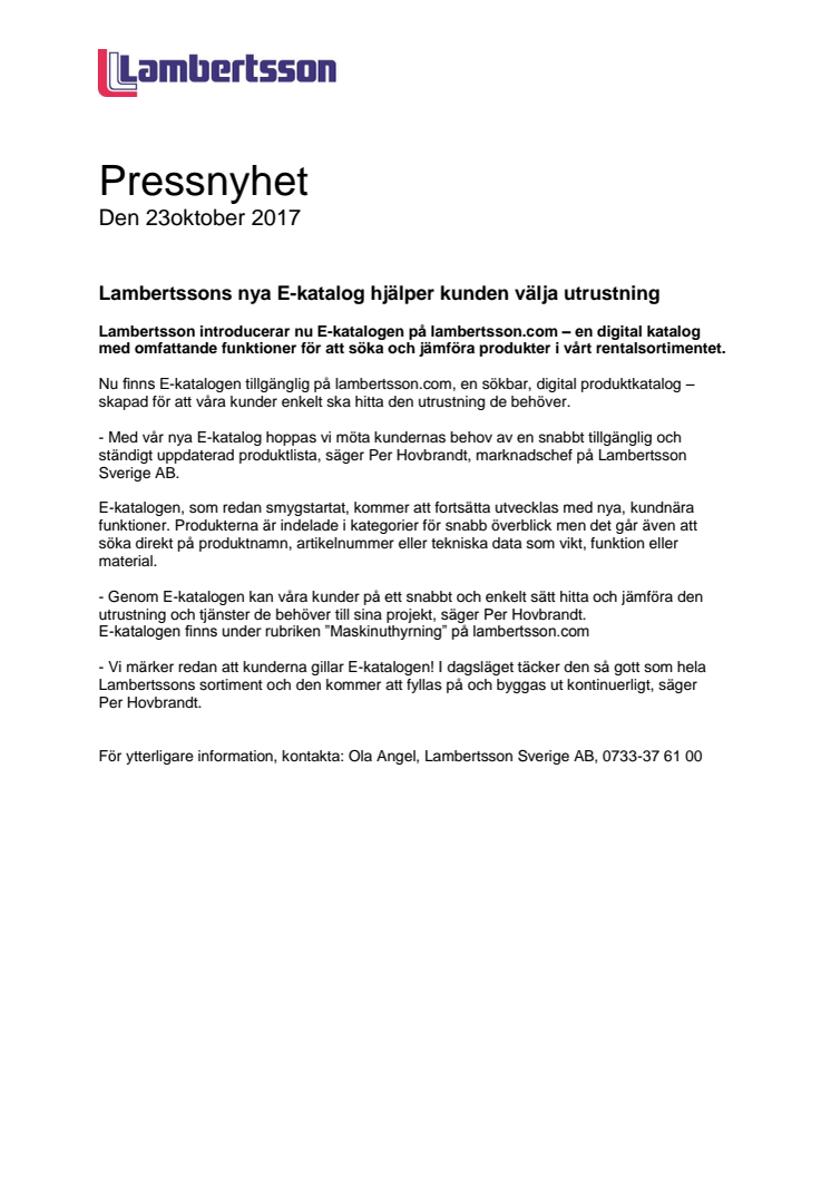 Lambertssons nya E-katalog hjälper kunden välja utrustning