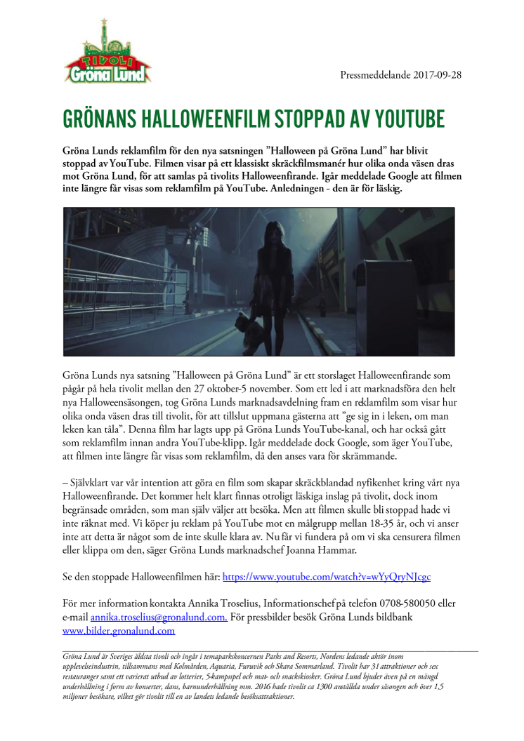 Grönans Halloweenfilm stoppad av YouTube