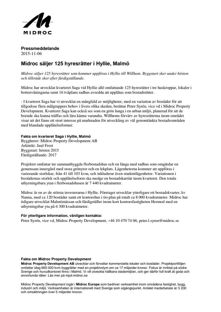 Midroc säljer 125 hyresrätter i Hyllie, Malmö