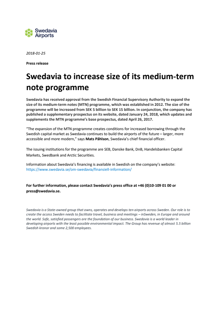 Swedavia to increase size of its medium-term note programme