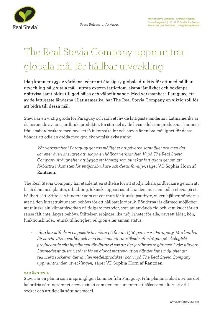 The Real Stevia Company uppmuntrar globala mål för hållbar utveckling