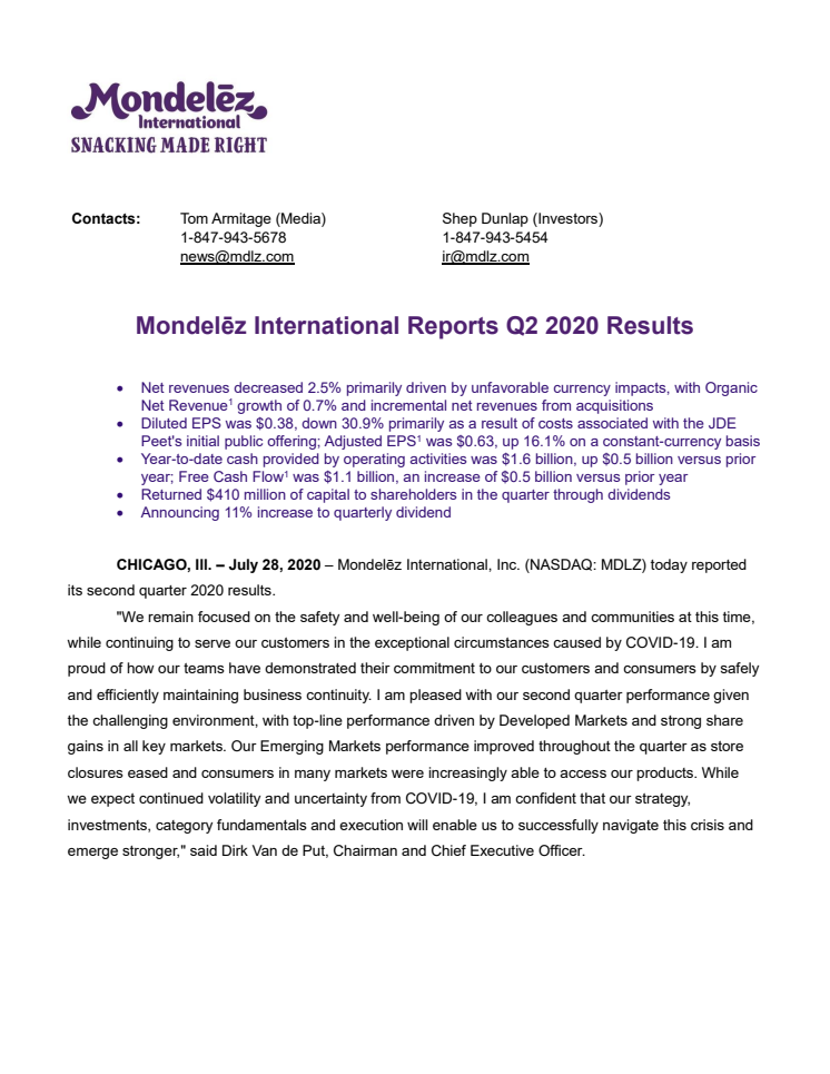 Mondelēz International präsentiert Quartalsergebnisse