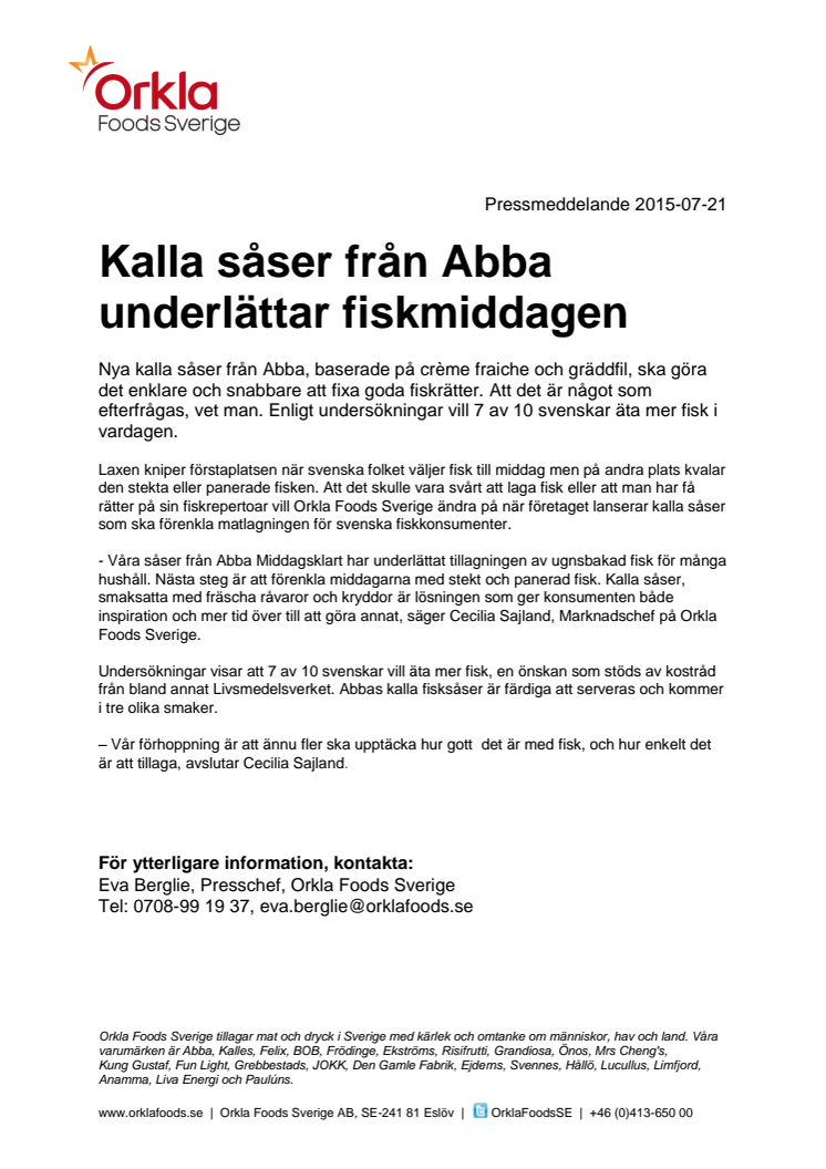 Kalla såser från Abba underlättar fiskmiddagen