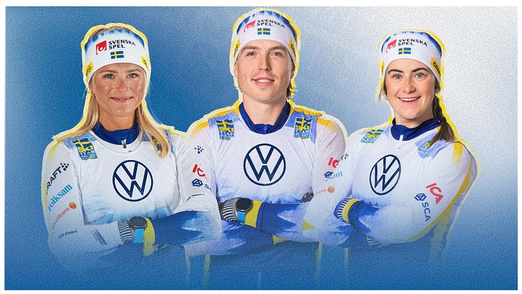 Frid Karlsson, William Poromaa och Ebba Andersson är laddade för att köra igång den nya säsongen. Foto: Svenska Skidförbundet