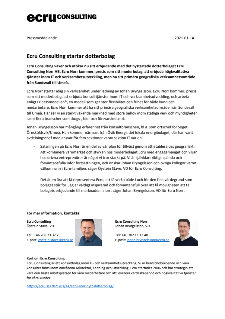 Ecru Consulting startar dotterbolag