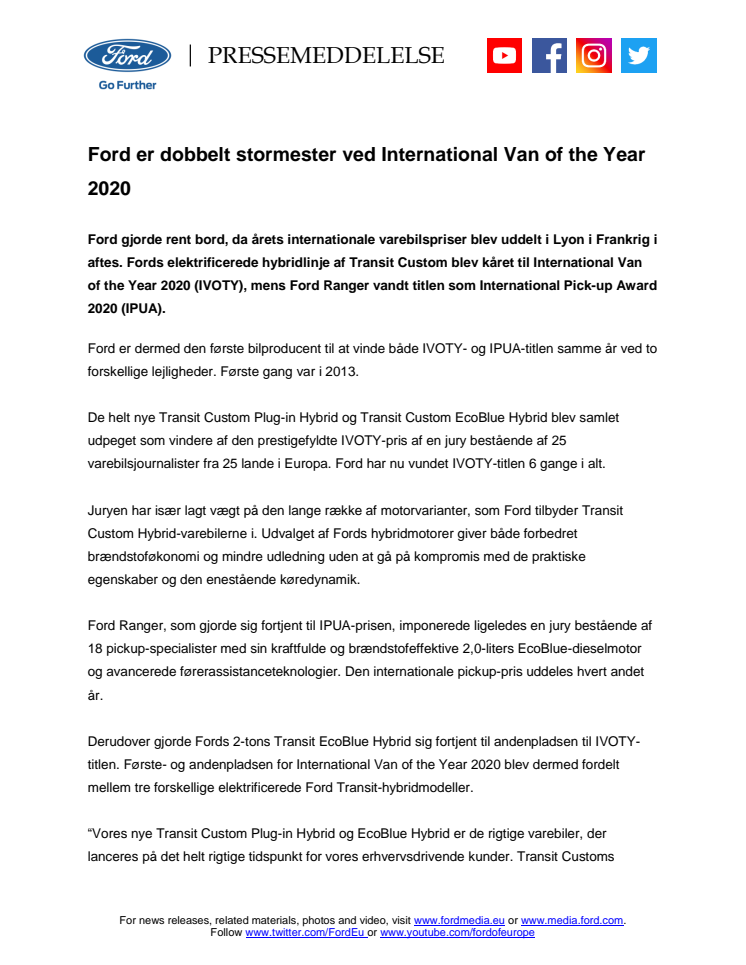 Ford er dobbelt stormester ved International Van of the Year 2020