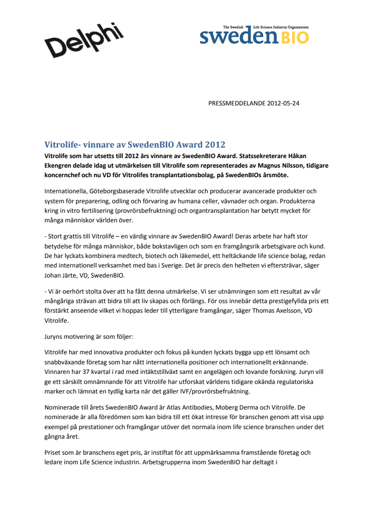 Vitrolife- vinnare av SwedenBIO Award 2012