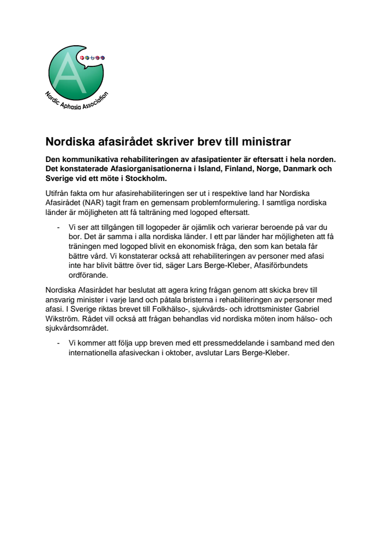 Nordiska afasirådet skriver brev till ministrar