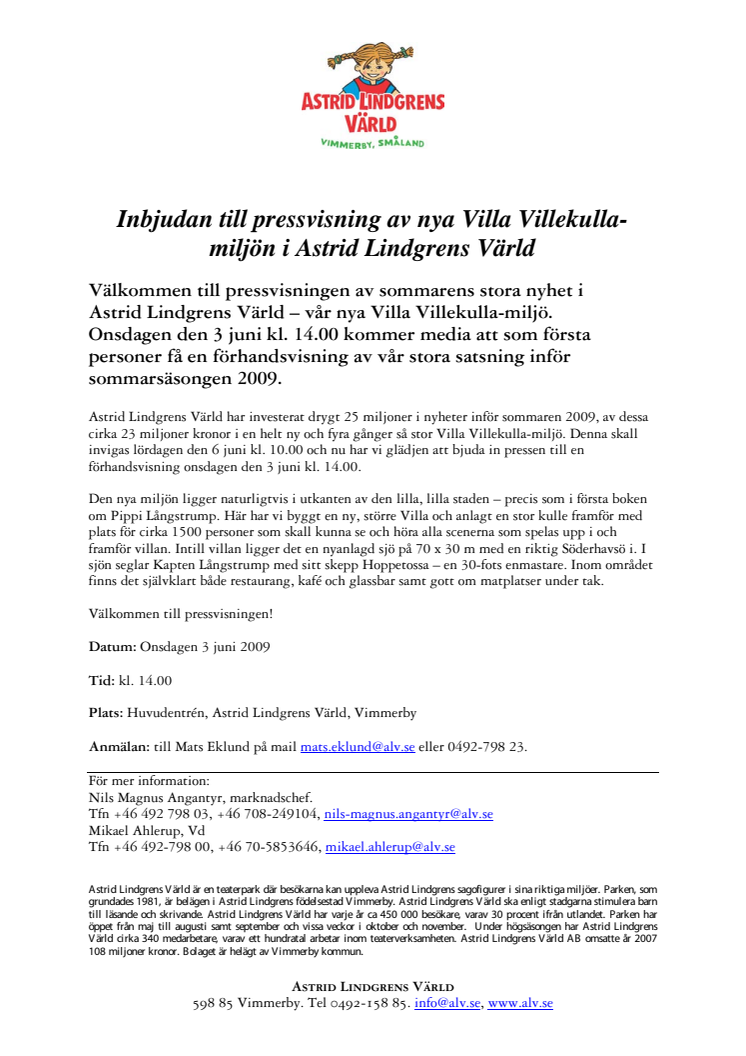 Inbjudan till pressvisning av nya Villa Villekulla-miljön i Astrid Lindgrens Värld