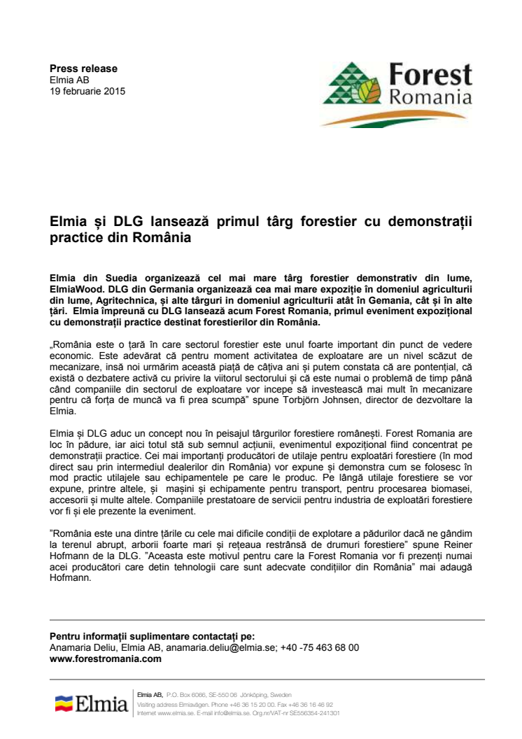Elmia și DLG lansează primul târg forestier cu demonstrații practice din România