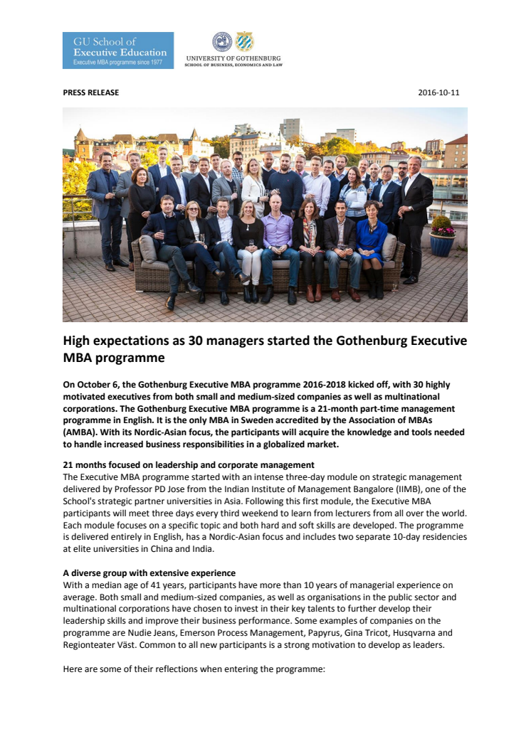 High expectations as 30 managers started the Gothenburg Executive MBA programme 