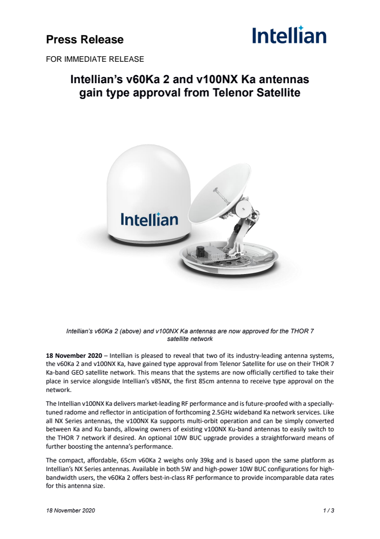 Intellian’s v60Ka 2 and v100NX Ka antennas  gain type approval from Telenor Satellite