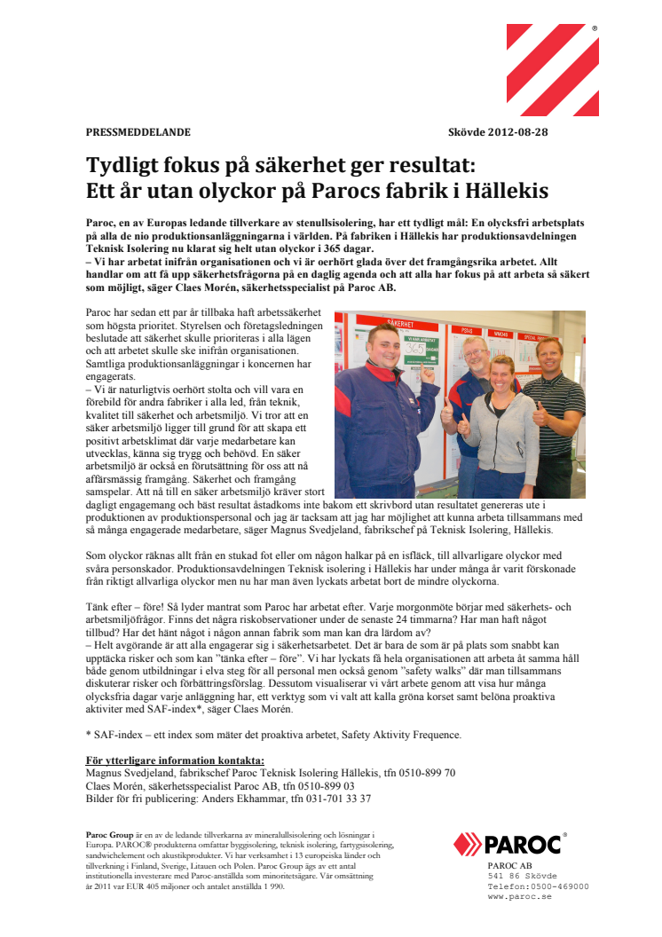 Tydligt fokus på säkerhet ger resultat: Ett år utan olyckor på Parocs fabrik i Hällekis   