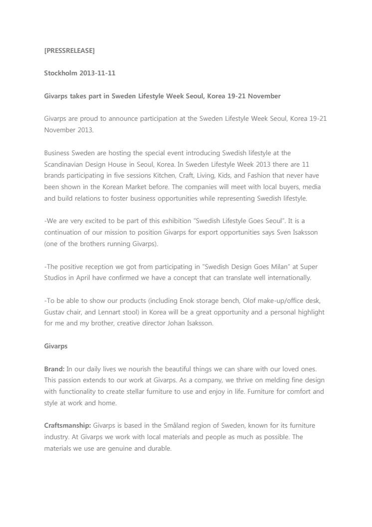 Givarps takes part in Sweden Lifestyle Week Seoul, Korea 19-21 November 
